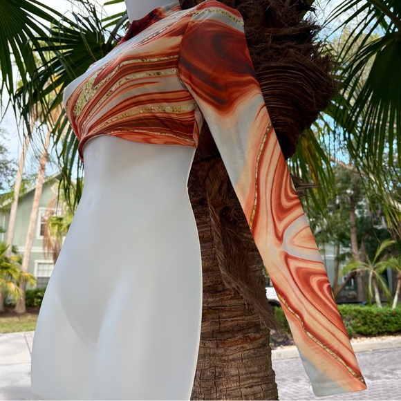 Blanc Mesh Copper Brown Swirl Top Size S 4 Crop Mock Neck Artsy Abstract Quartz - Picture 7 of 14